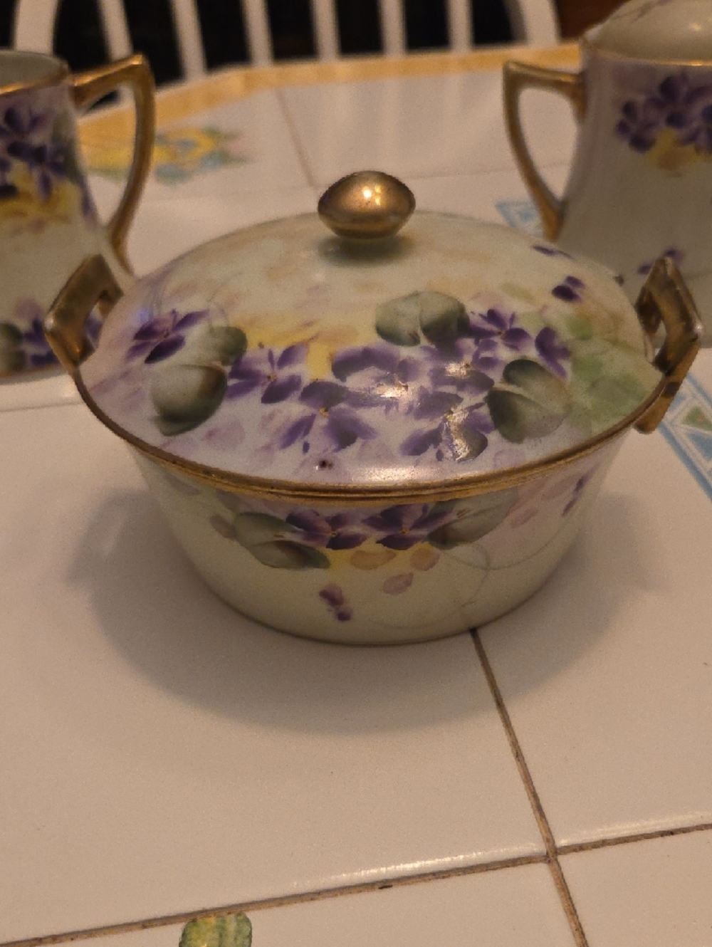 Porcelain Creamer, Sugar & Lidded Bowl Set with Purple Floral Motif - Picture 5 of 5